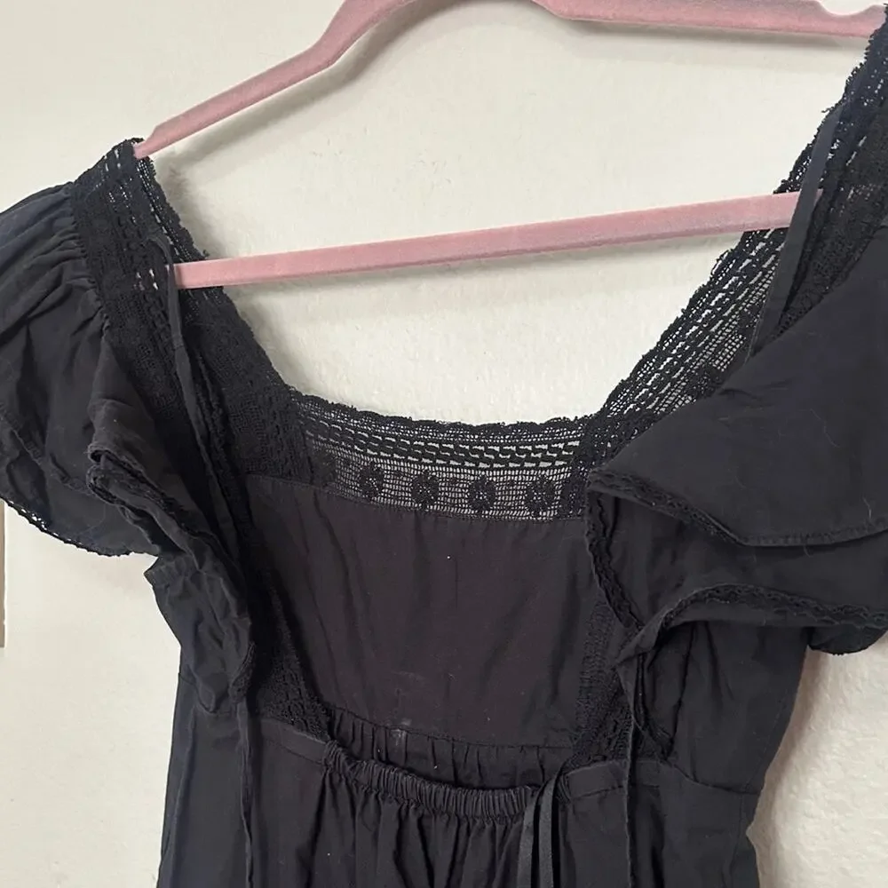 Aritzia Sunday Best XXS Black Crochet Ruffle Puff Sleeve Square Neck Mini Dress